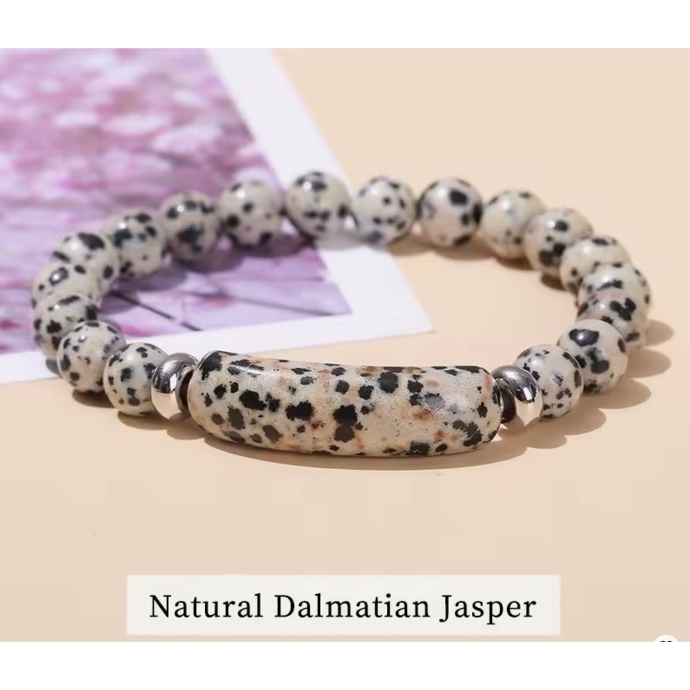 Natural‎ Dalmatian Jasper Beaded Stretch Bracelet Silver Tone Accents Boho Style
